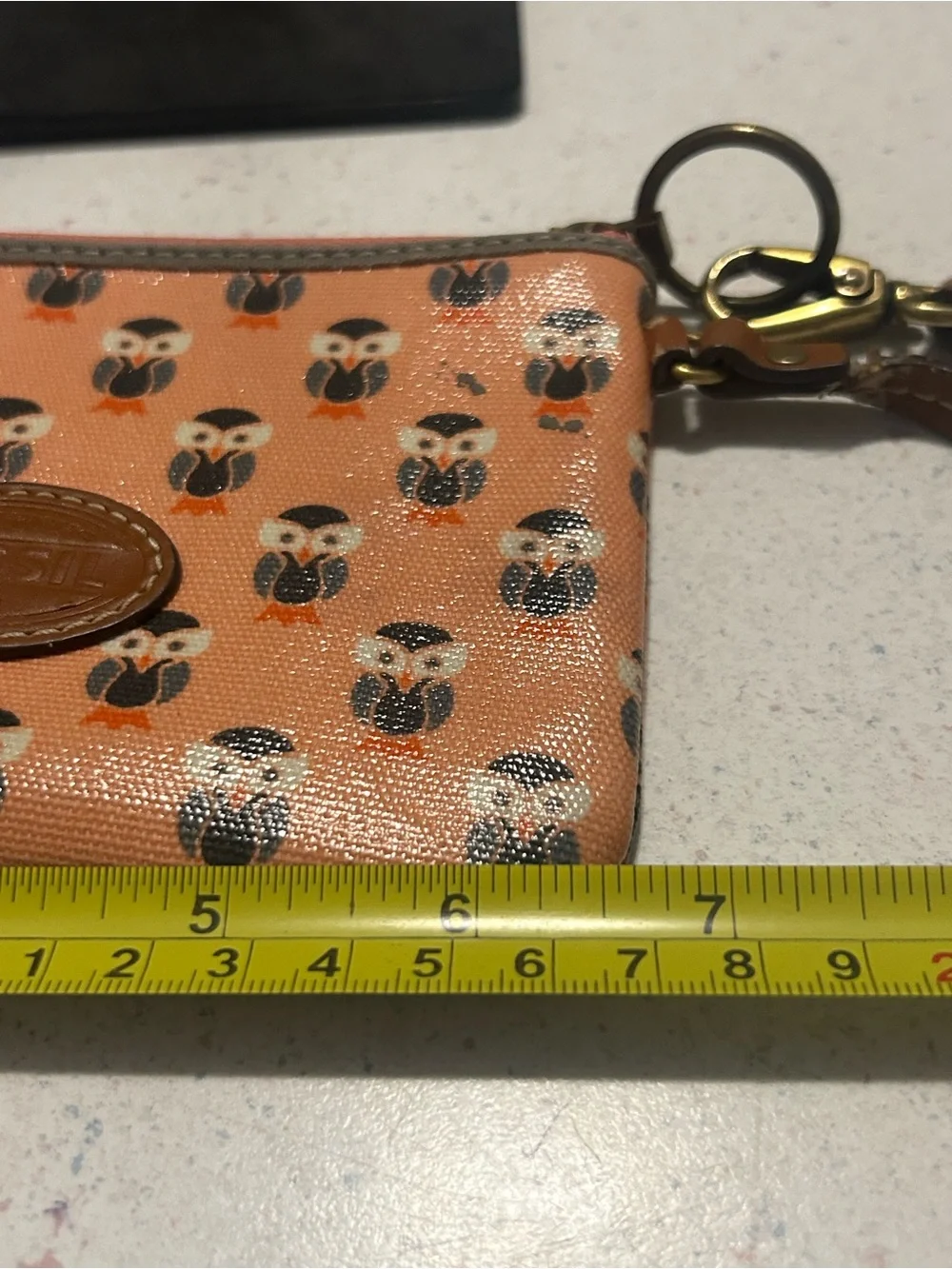 Fossil Peach Canvas Owl Zip Card Wristlet